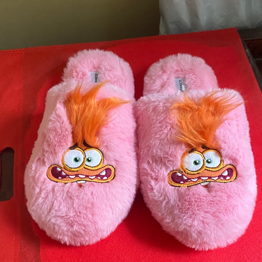 Pink Fuzzy Character Slip-On Slippers with Orange Hair